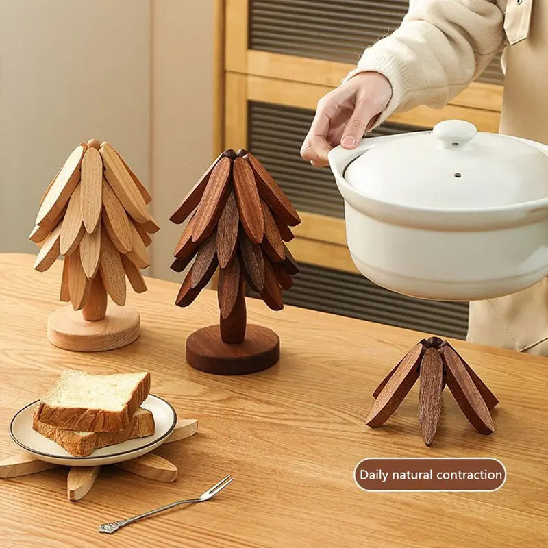 Wooden Tree-Shaped Trivet Set – 4 Heat-Resistant Collapsible Hot Pads with Storage Stand – Decorative Table Protectors for Hot Pots, Pans & Dishes – Kitchen & Dining Table Accessories