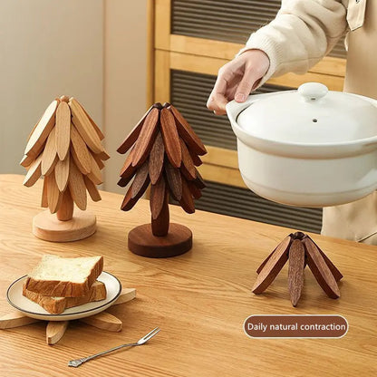 Wooden Tree-Shaped Trivet Set – 4 Heat-Resistant Collapsible Hot Pads with Storage Stand – Decorative Table Protectors for Hot Pots, Pans & Dishes – Kitchen & Dining Table Accessories