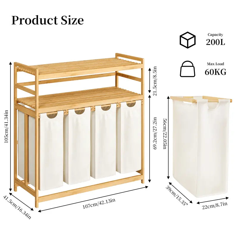 Bamboo Laundry Hamper with 3 Removable Sorter Bags – Large Capacity Laundry Organizer with 2-Tier Storage Shelves – Clothes Hamper for Bathroom, Bedroom & Laundry Room
