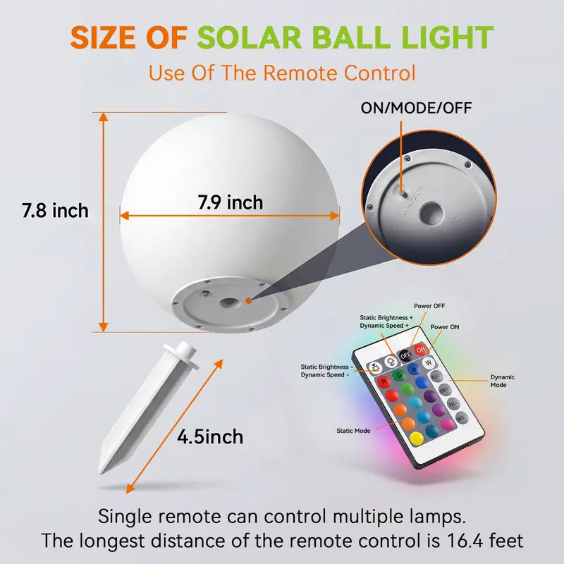 8-Inch Solar Globe Garden Lights, 2-Pack – Waterproof RGB LED Outdoor Lights with Remote Control, 16 Colors & 4 Lighting Modes – Automatic On/Off for Garden, Patio, Pathway & Yard
