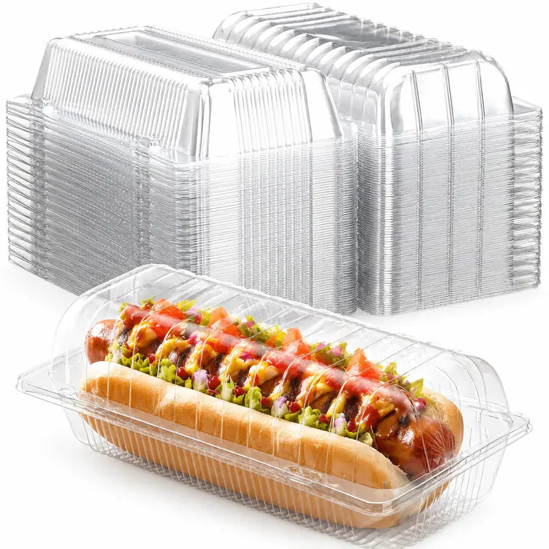 100Pcs Clear Plastic Hot Dog Tray with Hinged Lid 8.86 X 3.94 X 2.76 Inch Hot Dog Container Disposable Clamshell Take Out Containers Cake Slice Containers for Bakery Dessert Salad