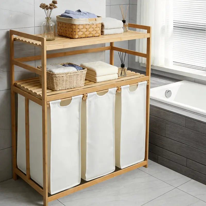 Bamboo Laundry Hamper with 3 Removable Sorter Bags – Large Capacity Laundry Organizer with 2-Tier Storage Shelves – Clothes Hamper for Bathroom, Bedroom & Laundry Room