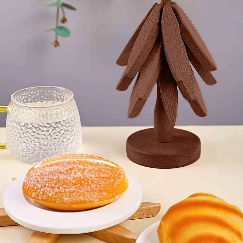 Wooden Tree-Shaped Trivet Set – 4 Heat-Resistant Collapsible Hot Pads with Storage Stand – Decorative Table Protectors for Hot Pots, Pans & Dishes – Kitchen & Dining Table Accessories