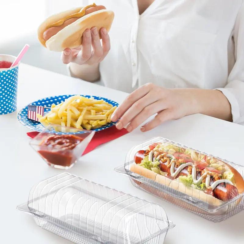100Pcs Clear Plastic Hot Dog Tray with Hinged Lid 8.86 X 3.94 X 2.76 Inch Hot Dog Container Disposable Clamshell Take Out Containers Cake Slice Containers for Bakery Dessert Salad