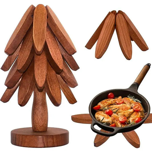 Wooden Tree-Shaped Trivet Set – 4 Heat-Resistant Collapsible Hot Pads with Storage Stand – Decorative Table Protectors for Hot Pots, Pans & Dishes – Kitchen & Dining Table Accessories