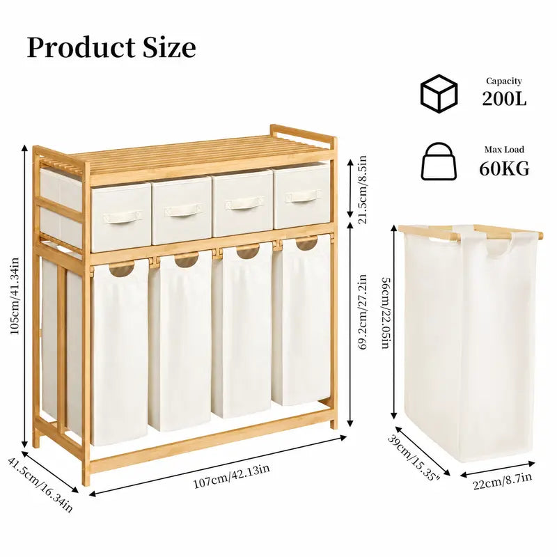 Bamboo Laundry Hamper with 3 Removable Sorter Bags – Large Capacity Laundry Organizer with 2-Tier Storage Shelves – Clothes Hamper for Bathroom, Bedroom & Laundry Room