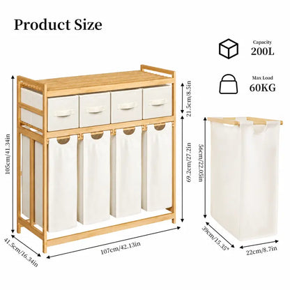 Bamboo Laundry Hamper with 3 Removable Sorter Bags – Large Capacity Laundry Organizer with 2-Tier Storage Shelves – Clothes Hamper for Bathroom, Bedroom & Laundry Room