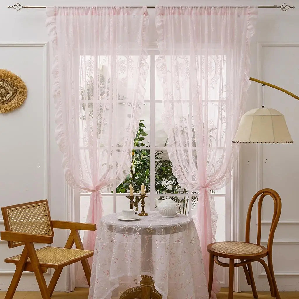 Elegant French-Style Lace Curtain Trim Set, 1/2 Counts Home Decoration Curtains, Floral Design Window Curtain, Home Decorative Curtain