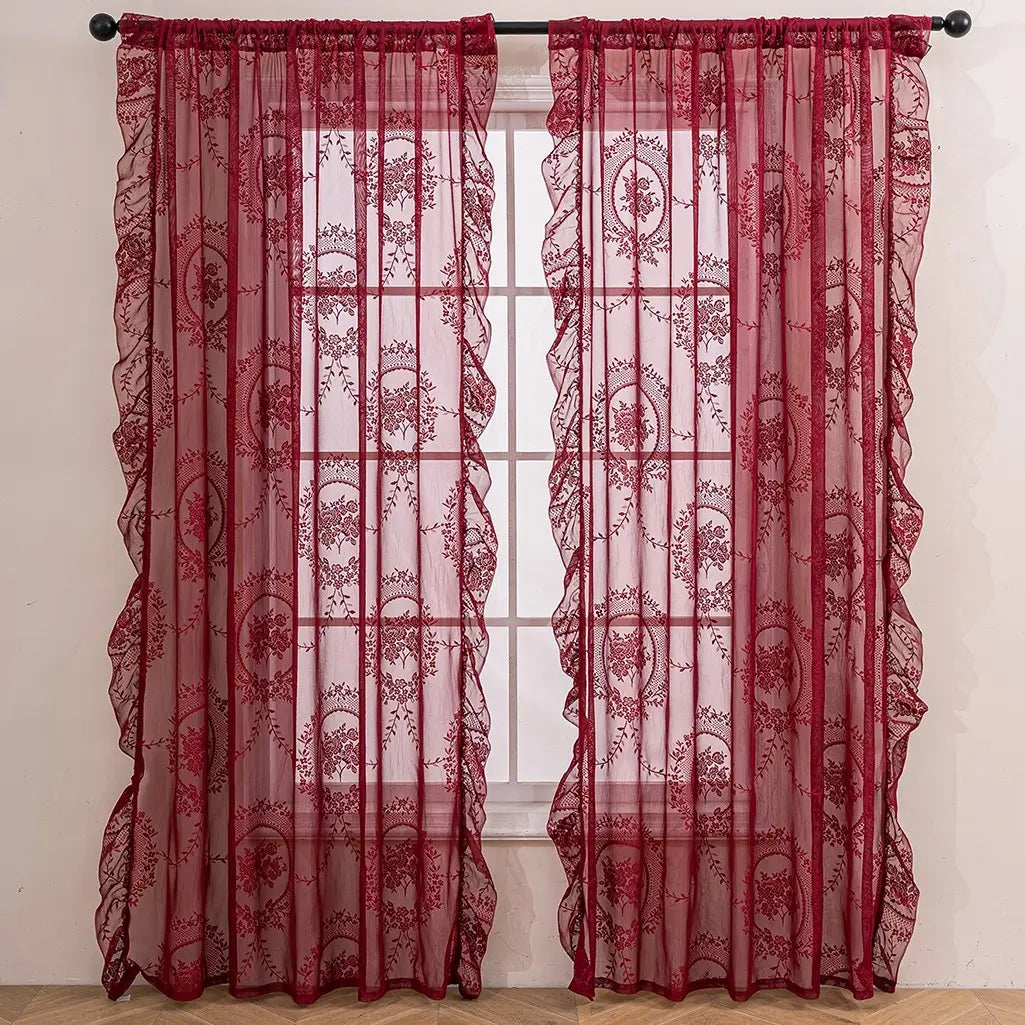 Elegant French-Style Lace Curtain Trim Set, 1/2 Counts Home Decoration Curtains, Floral Design Window Curtain, Home Decorative Curtain