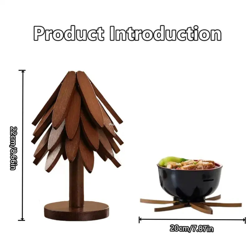Wooden Tree-Shaped Trivet Set – 4 Heat-Resistant Collapsible Hot Pads with Storage Stand – Decorative Table Protectors for Hot Pots, Pans & Dishes – Kitchen & Dining Table Accessories