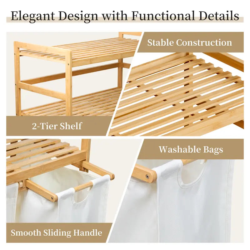 Bamboo Laundry Hamper with 3 Removable Sorter Bags – Large Capacity Laundry Organizer with 2-Tier Storage Shelves – Clothes Hamper for Bathroom, Bedroom & Laundry Room