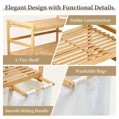 Bamboo Laundry Hamper with 3 Removable Sorter Bags – Large Capacity Laundry Organizer with 2-Tier Storage Shelves – Clothes Hamper for Bathroom, Bedroom & Laundry Room