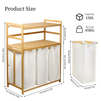 Bamboo Laundry Hamper with 3 Removable Sorter Bags – Large Capacity Laundry Organizer with 2-Tier Storage Shelves – Clothes Hamper for Bathroom, Bedroom & Laundry Room