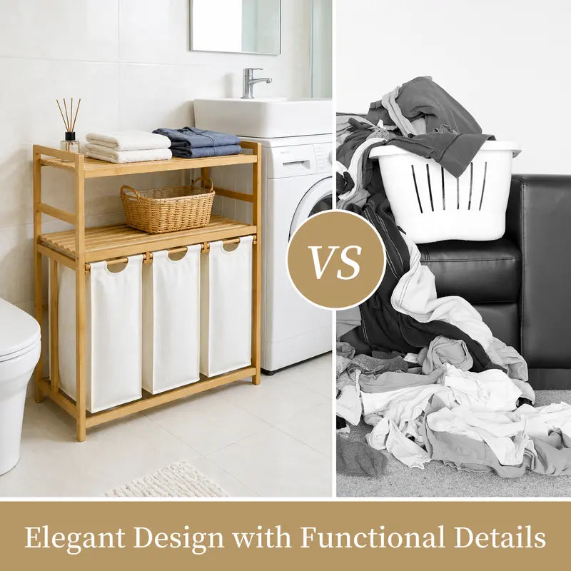 Bamboo Laundry Hamper with 3 Removable Sorter Bags – Large Capacity Laundry Organizer with 2-Tier Storage Shelves – Clothes Hamper for Bathroom, Bedroom & Laundry Room