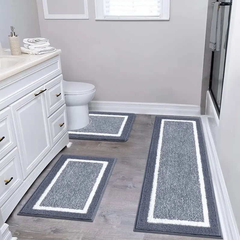 3-Piece Black Bathroom Rug Set – Plush Microfiber Bath Mats with Non-Slip Backing, Super Absorbent & Quick-Drying – U-Shaped Toilet Mat & Shower Rug for Bathroom Floor