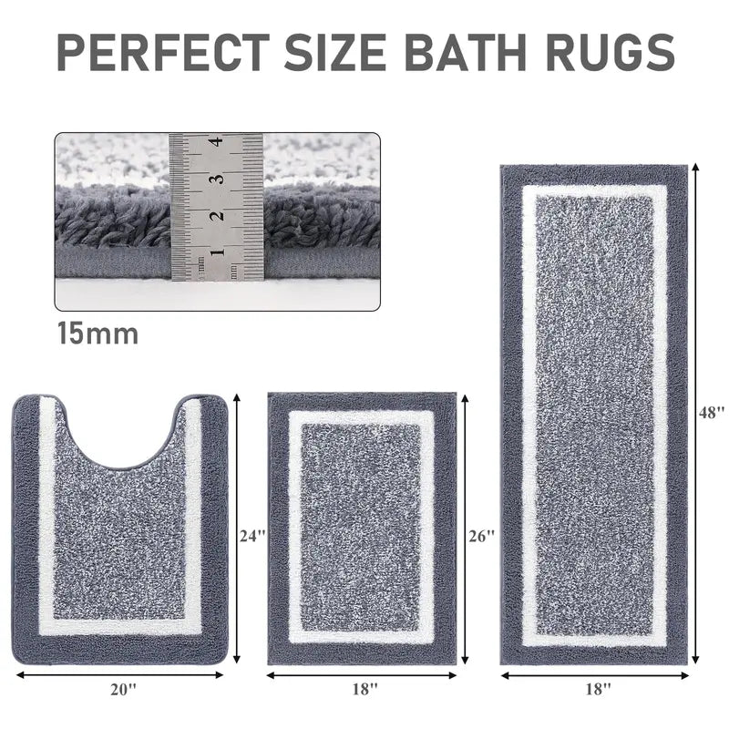 3-Piece Black Bathroom Rug Set – Plush Microfiber Bath Mats with Non-Slip Backing, Super Absorbent & Quick-Drying – U-Shaped Toilet Mat & Shower Rug for Bathroom Floor