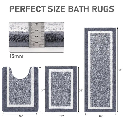 3-Piece Black Bathroom Rug Set – Plush Microfiber Bath Mats with Non-Slip Backing, Super Absorbent & Quick-Drying – U-Shaped Toilet Mat & Shower Rug for Bathroom Floor