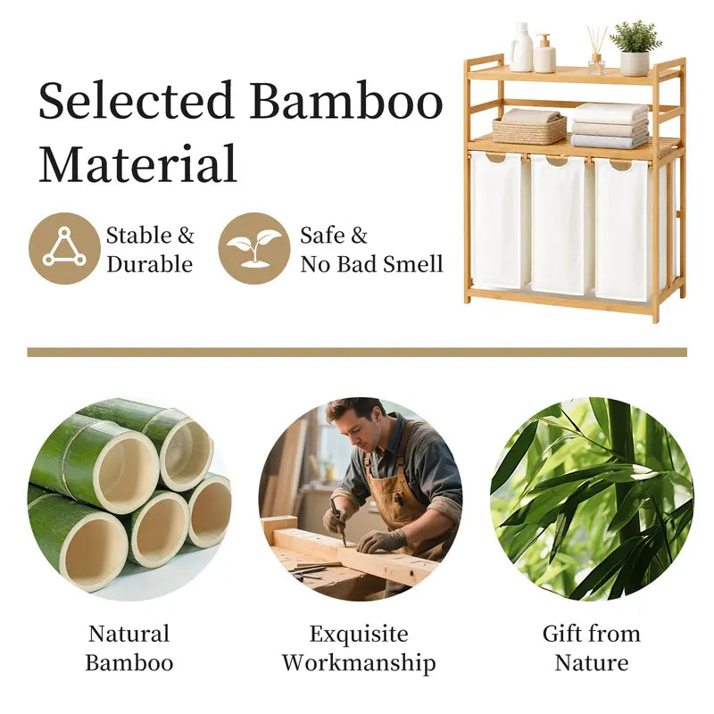 Bamboo Laundry Hamper with 3 Removable Sorter Bags – Large Capacity Laundry Organizer with 2-Tier Storage Shelves – Clothes Hamper for Bathroom, Bedroom & Laundry Room