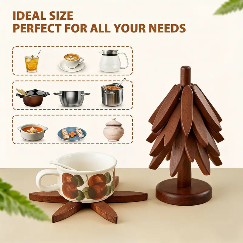 Wooden Tree-Shaped Trivet Set – 4 Heat-Resistant Collapsible Hot Pads with Storage Stand – Decorative Table Protectors for Hot Pots, Pans & Dishes – Kitchen & Dining Table Accessories