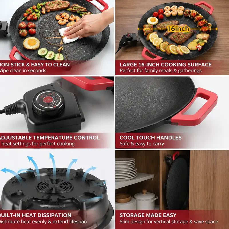 AORAN 16-In Corded Nonstick Electric Grill Pan with Temperature Control - Indoor Sizzle Grill Griddle, Table Top Griddles for Family Dinners Kitchen Appliances