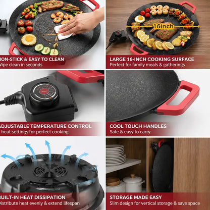 AORAN 16-In Corded Nonstick Electric Grill Pan with Temperature Control - Indoor Sizzle Grill Griddle, Table Top Griddles for Family Dinners Kitchen Appliances
