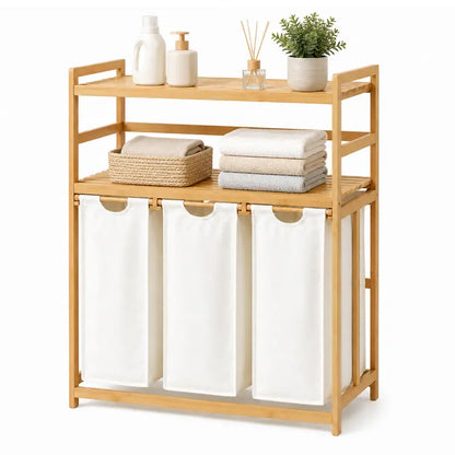 Bamboo Laundry Hamper with 3 Removable Sorter Bags – Large Capacity Laundry Organizer with 2-Tier Storage Shelves – Clothes Hamper for Bathroom, Bedroom & Laundry Room