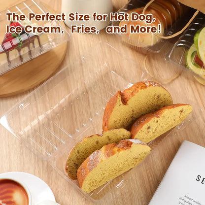 100Pcs Clear Plastic Hot Dog Tray with Hinged Lid 8.86 X 3.94 X 2.76 Inch Hot Dog Container Disposable Clamshell Take Out Containers Cake Slice Containers for Bakery Dessert Salad