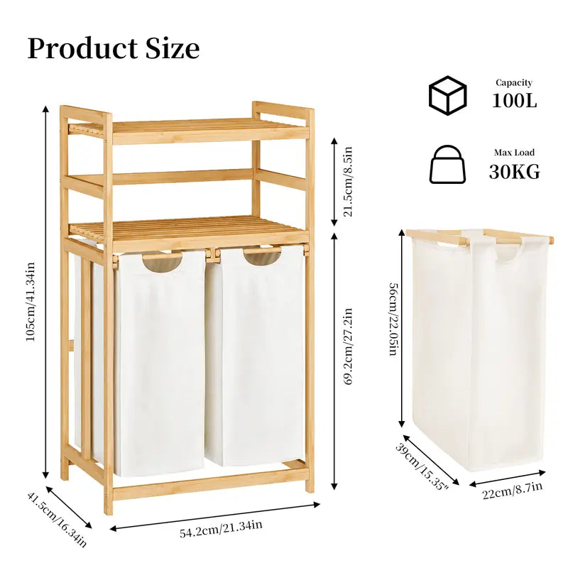 Bamboo Laundry Hamper with 3 Removable Sorter Bags – Large Capacity Laundry Organizer with 2-Tier Storage Shelves – Clothes Hamper for Bathroom, Bedroom & Laundry Room