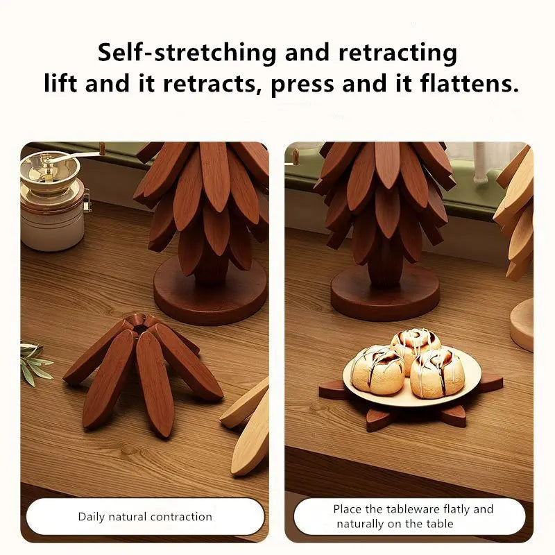 Wooden Tree-Shaped Trivet Set – 4 Heat-Resistant Collapsible Hot Pads with Storage Stand – Decorative Table Protectors for Hot Pots, Pans & Dishes – Kitchen & Dining Table Accessories