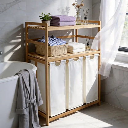 Bamboo Laundry Hamper with 3 Removable Sorter Bags – Large Capacity Laundry Organizer with 2-Tier Storage Shelves – Clothes Hamper for Bathroom, Bedroom & Laundry Room