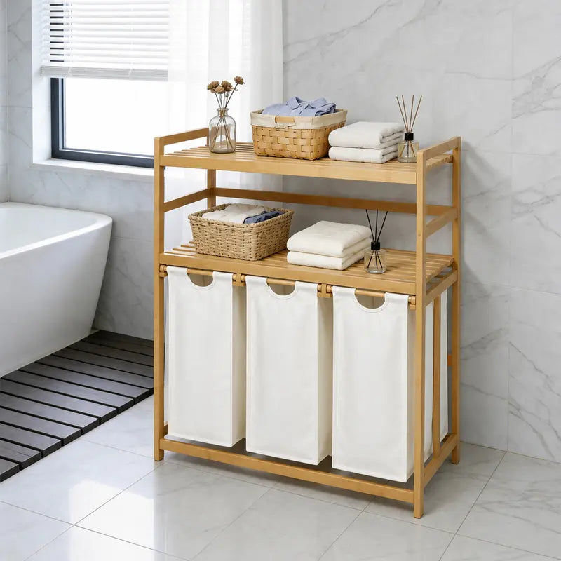 Bamboo Laundry Hamper with 3 Removable Sorter Bags – Large Capacity Laundry Organizer with 2-Tier Storage Shelves – Clothes Hamper for Bathroom, Bedroom & Laundry Room