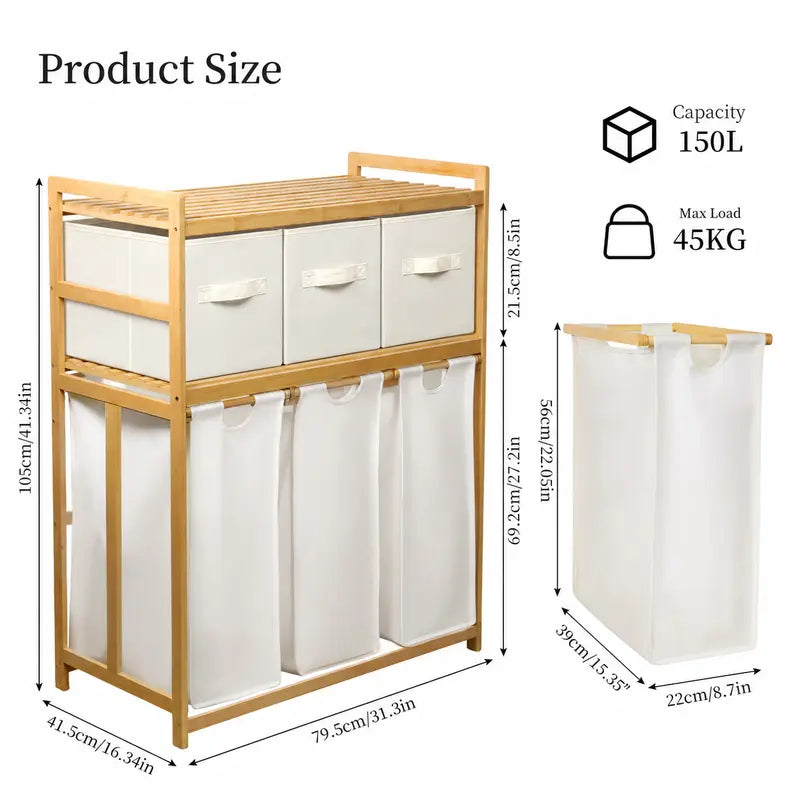 Bamboo Laundry Hamper with 3 Removable Sorter Bags – Large Capacity Laundry Organizer with 2-Tier Storage Shelves – Clothes Hamper for Bathroom, Bedroom & Laundry Room