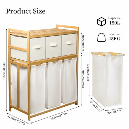 Bamboo Laundry Hamper with 3 Removable Sorter Bags – Large Capacity Laundry Organizer with 2-Tier Storage Shelves – Clothes Hamper for Bathroom, Bedroom & Laundry Room