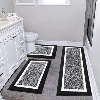3-Piece Black Bathroom Rug Set – Plush Microfiber Bath Mats with Non-Slip Backing, Super Absorbent & Quick-Drying – U-Shaped Toilet Mat & Shower Rug for Bathroom Floor