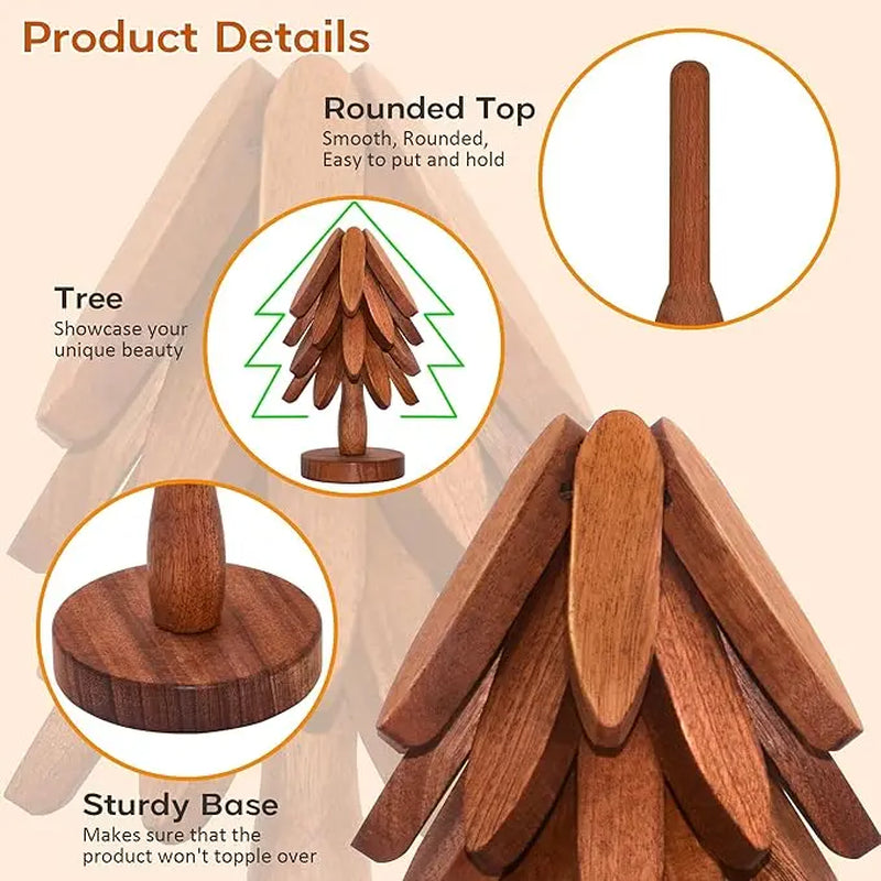 Wooden Tree-Shaped Trivet Set – 4 Heat-Resistant Collapsible Hot Pads with Storage Stand – Decorative Table Protectors for Hot Pots, Pans & Dishes – Kitchen & Dining Table Accessories